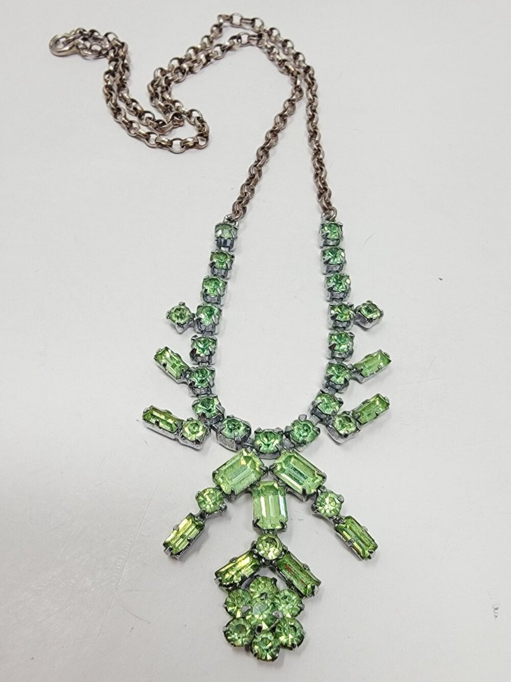 Vintage Apple Green Rhinestone Bib Necklace Silver Tone